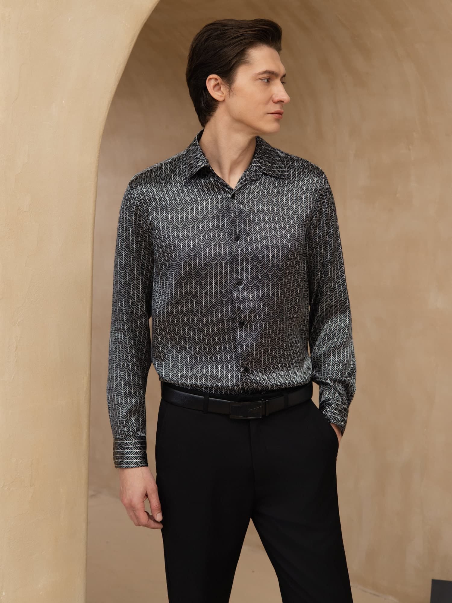 [Zwarte Ginkgo] SilkSilky-NL Lange Mouw Reverskraag Heren Shirt 004