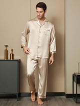 [Tan] SilkSilky-NL Pure Silk Lange Mouw Revers Heren Pyjama Set 007