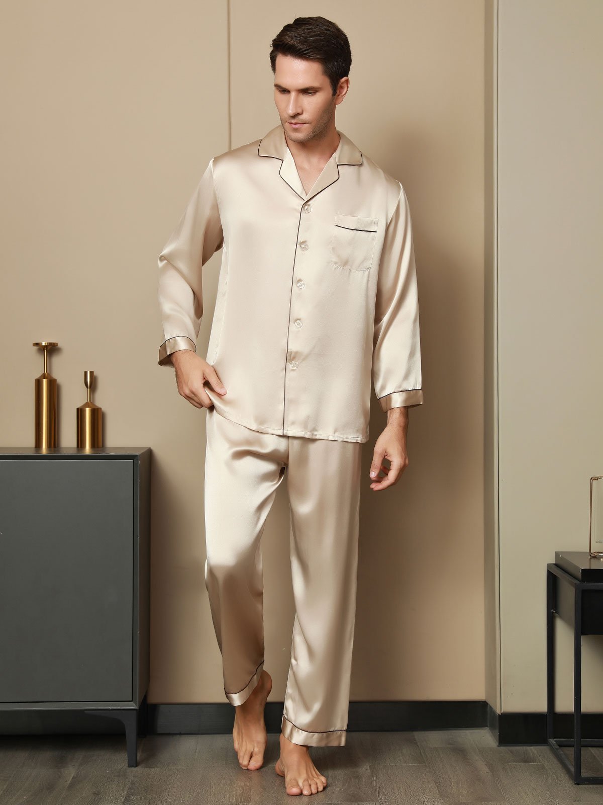 SilkSilky-NL Lange Mouw Revers Heren Pyjama Set Tan 007