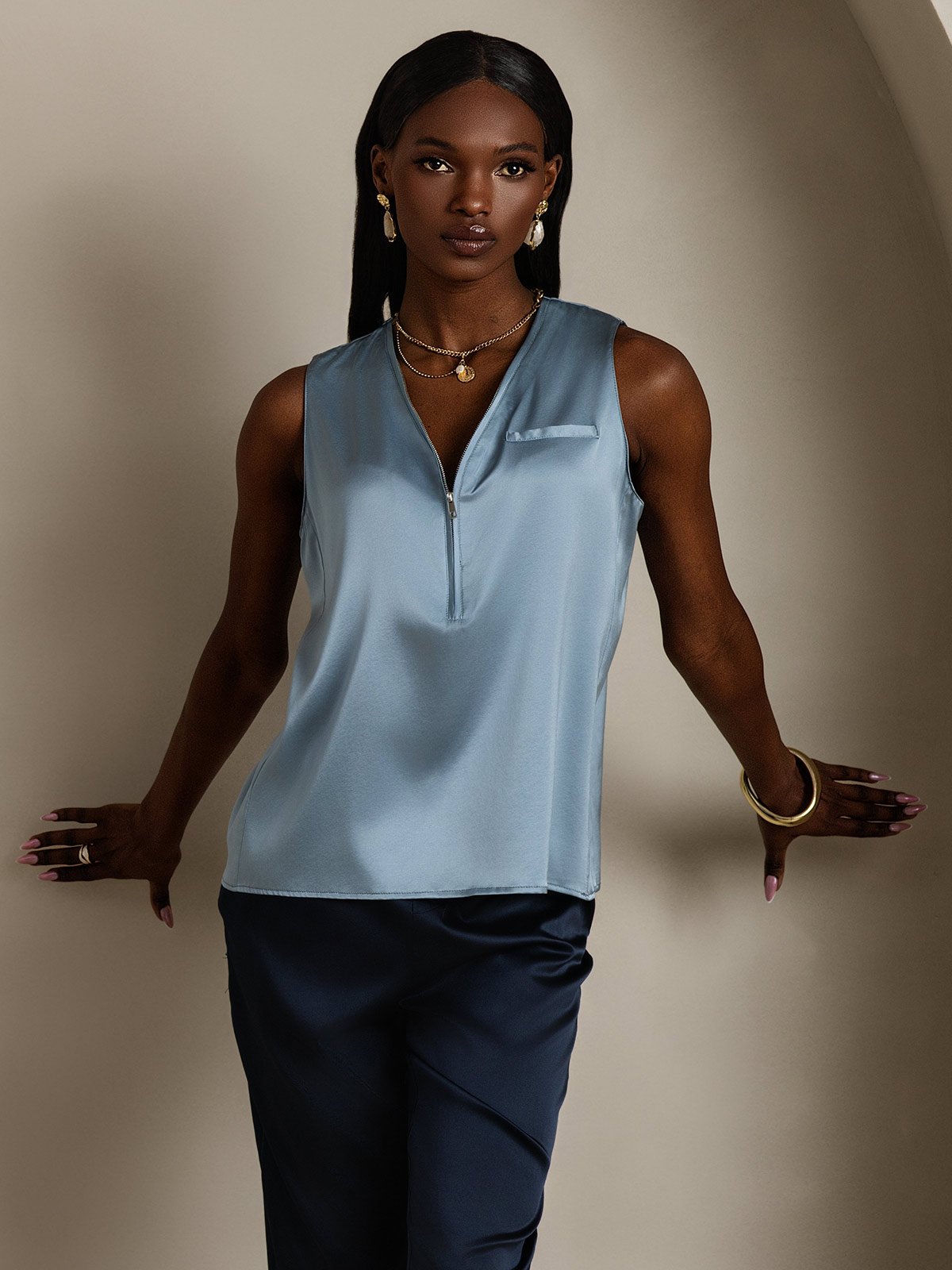 SilkSilky-NL 19Momme Zijde Mouwloos V-Hals Dames Blouse GrijsachtigBlauw 004