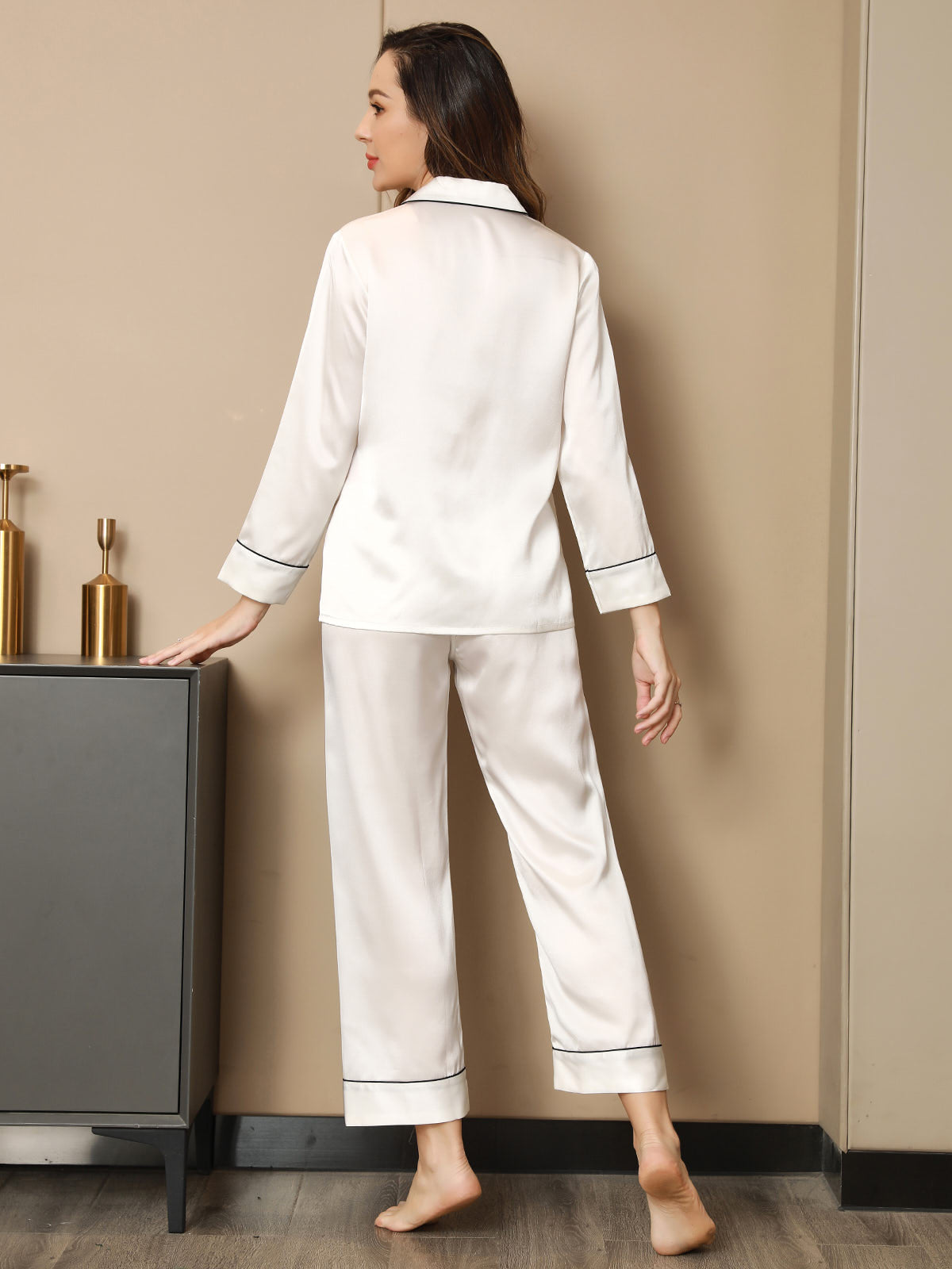 [Wit] SilkSilky-NL Lange Mouw Womens Pajamas 003