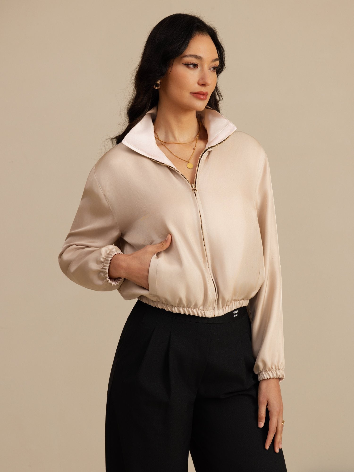 [Tan+Roze] SilkSilky-NL 18Momme Lange Mouw Staande Kraag Dames Bovenkleding 001