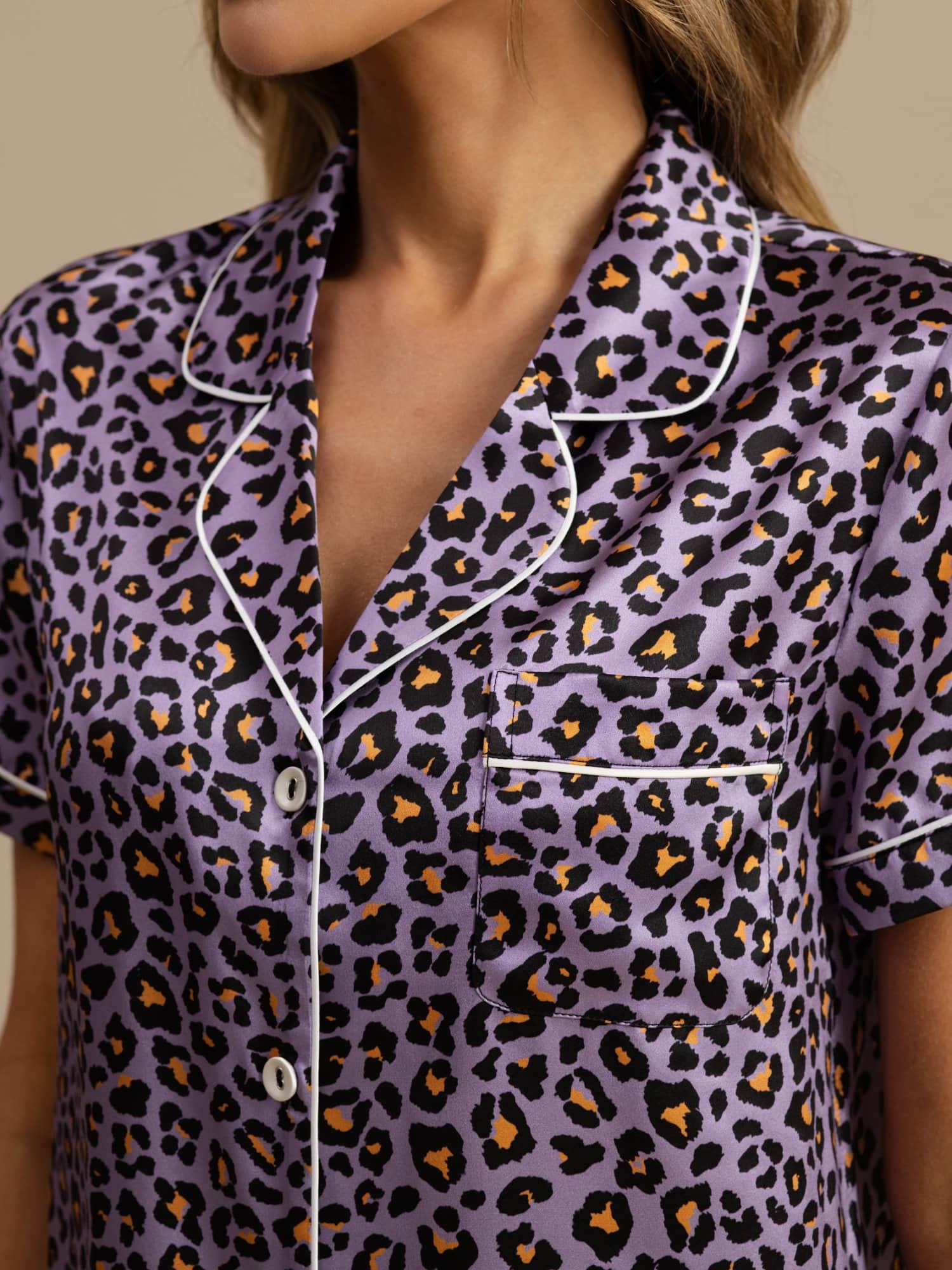 [Paarse Luipaard] SilkSilky-NL 19Momme Korte Mouw Notchkraag Dames Pyjama Set 004