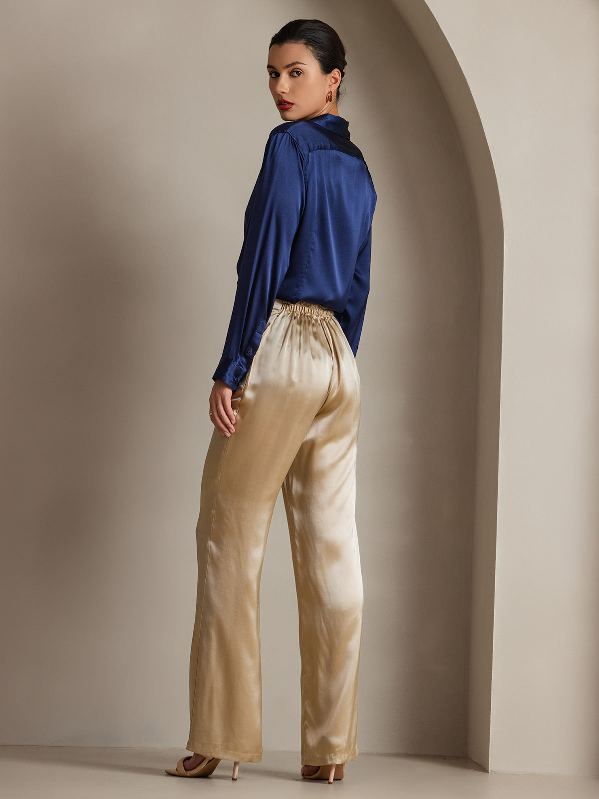 [Donkerblauw] SilkSilky-NL Zijde Lange Mouw Kraag Dames Blouse 002