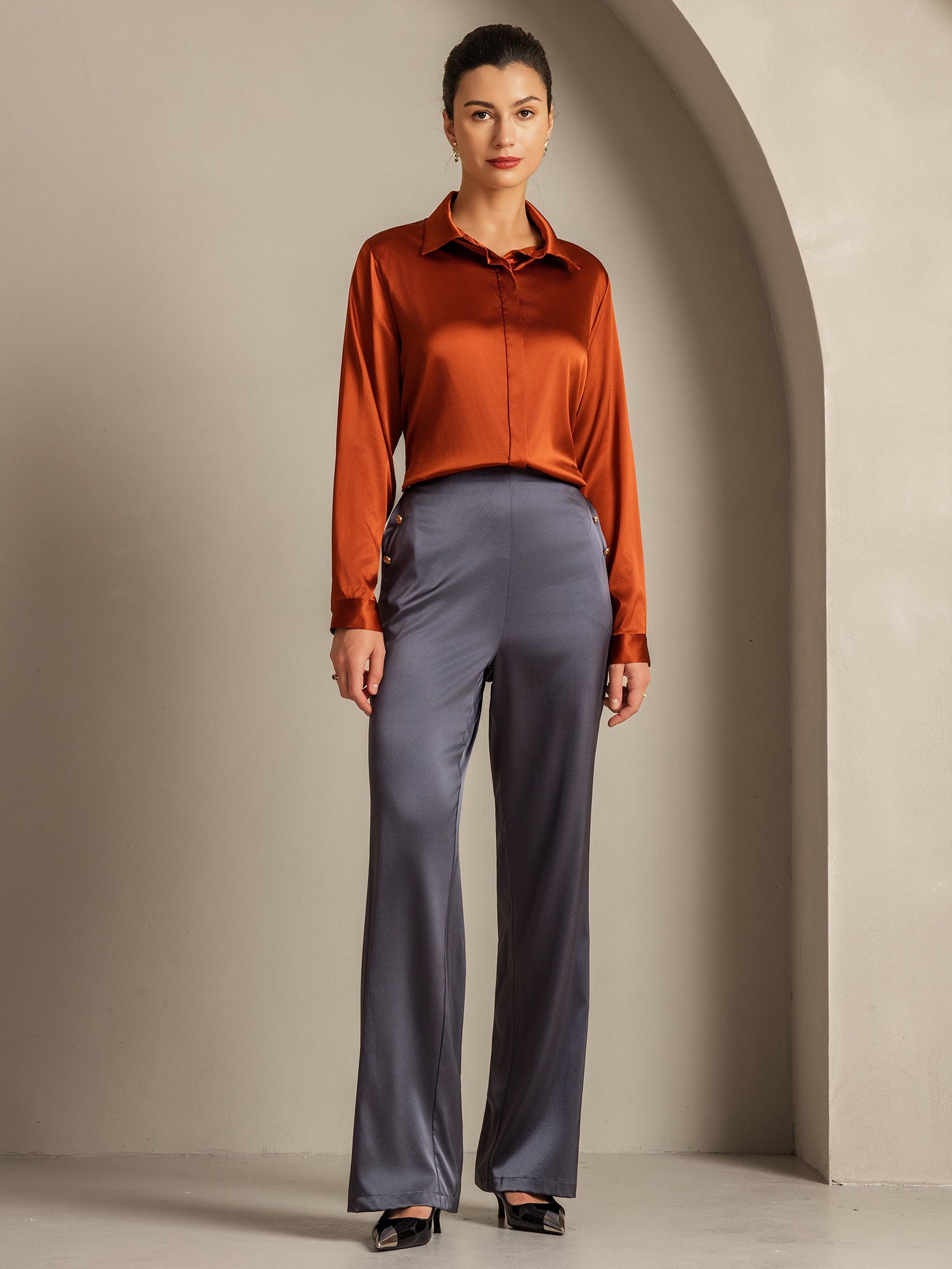 [Karamel] SilkSilky-NL 19Momme Zijde Kraag Dames Blouse 008