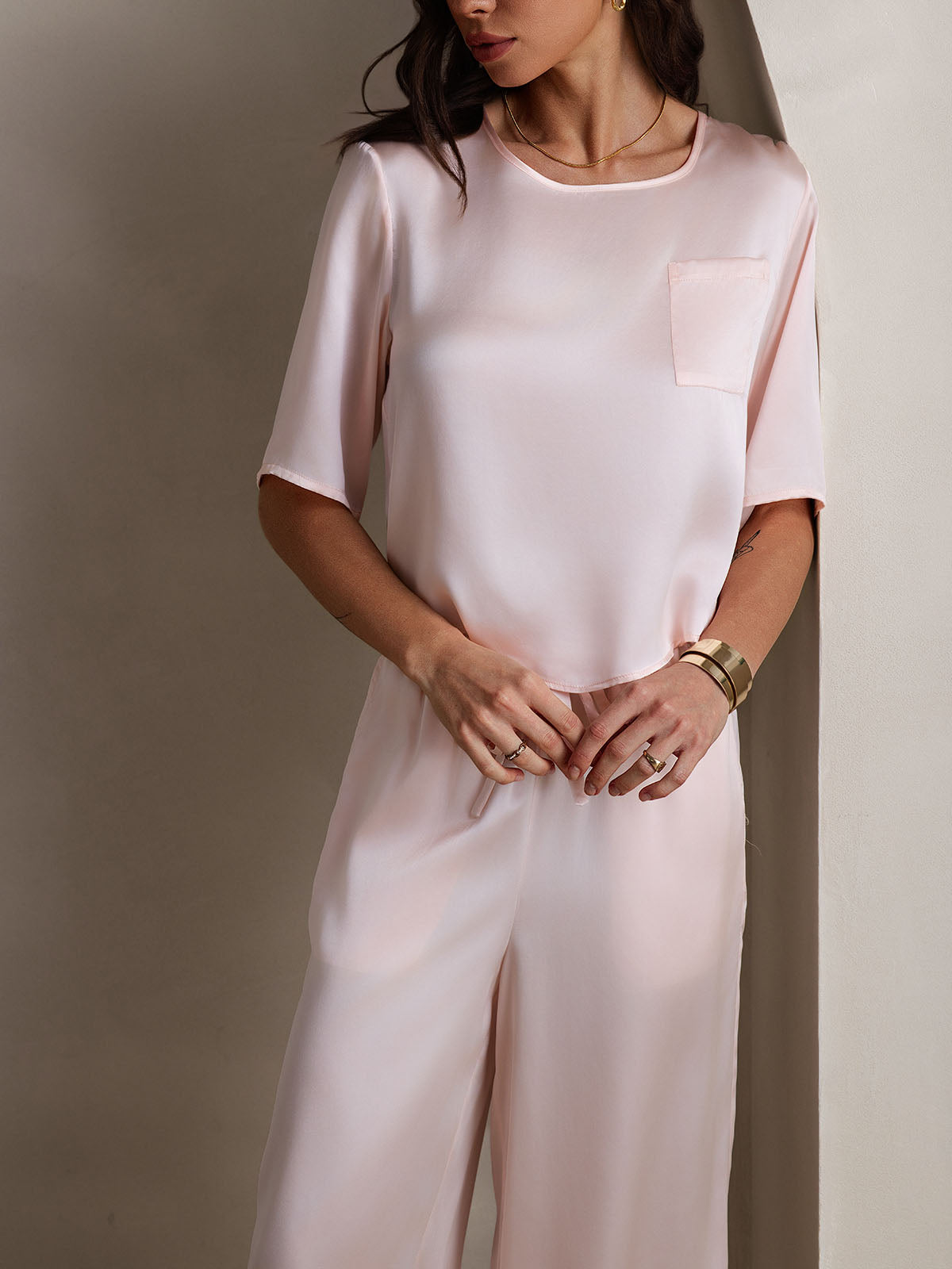 [Roze] SilkSilky-NL Ronde Hals Dames Pyjama Set 007