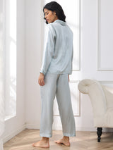 [Lichtblauw] SilkSilky-NL Long Sleeve Lapel Collar Dames Pyjama Set 002