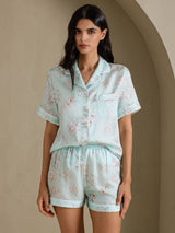 [Hemelsblauwe Bloemen] SilkSilky-NL Short Sleeve Notch Collar Dames Pyjama Set 004