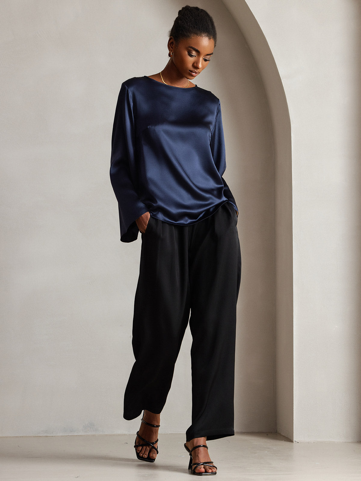 [Donkerblauw] SilkSilky-NL 19Momme Zijde Ronde Hals Dames T-Shirt 004,