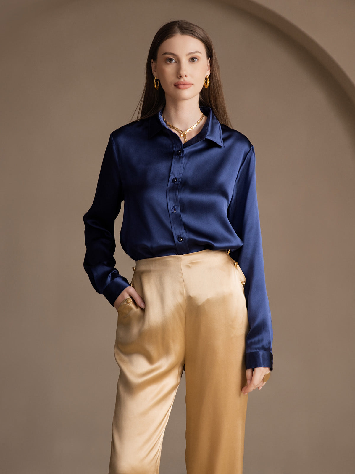 [Champagne] SilkSilky-NL 19Momme Zijde Womens Pants 008