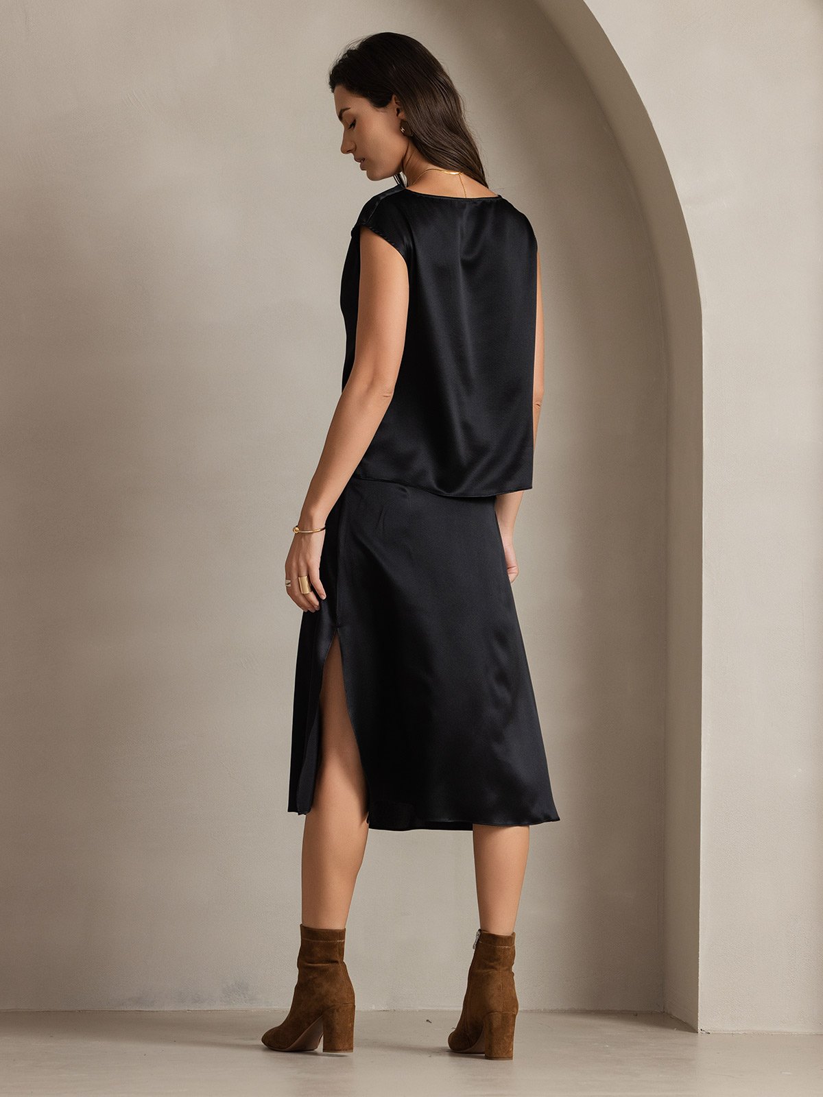 [Zwart] SilkSilky-NL 19Momme Zijde Mouwloos Womens T-Shirt 002