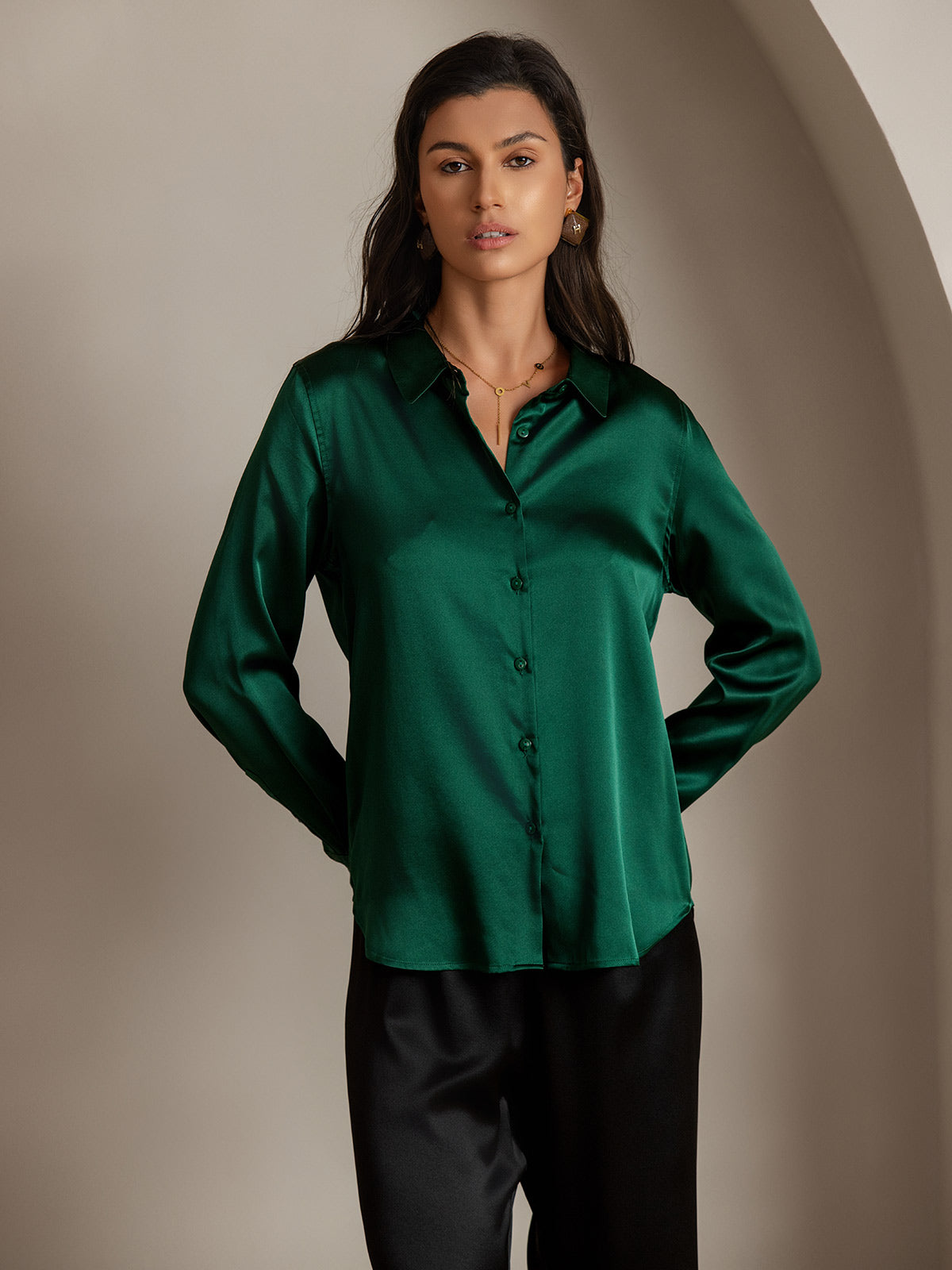 [Donkergroen] SilkSilky-NL Zijde Lange Mouw Kraag Dames Blouse 006