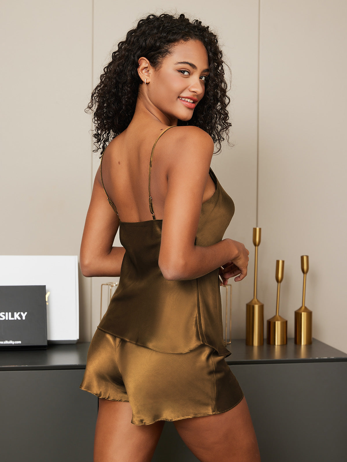 [Koffie] SilkSilky-NL Spaghetti Bandjes V Hals Cami-Set 005