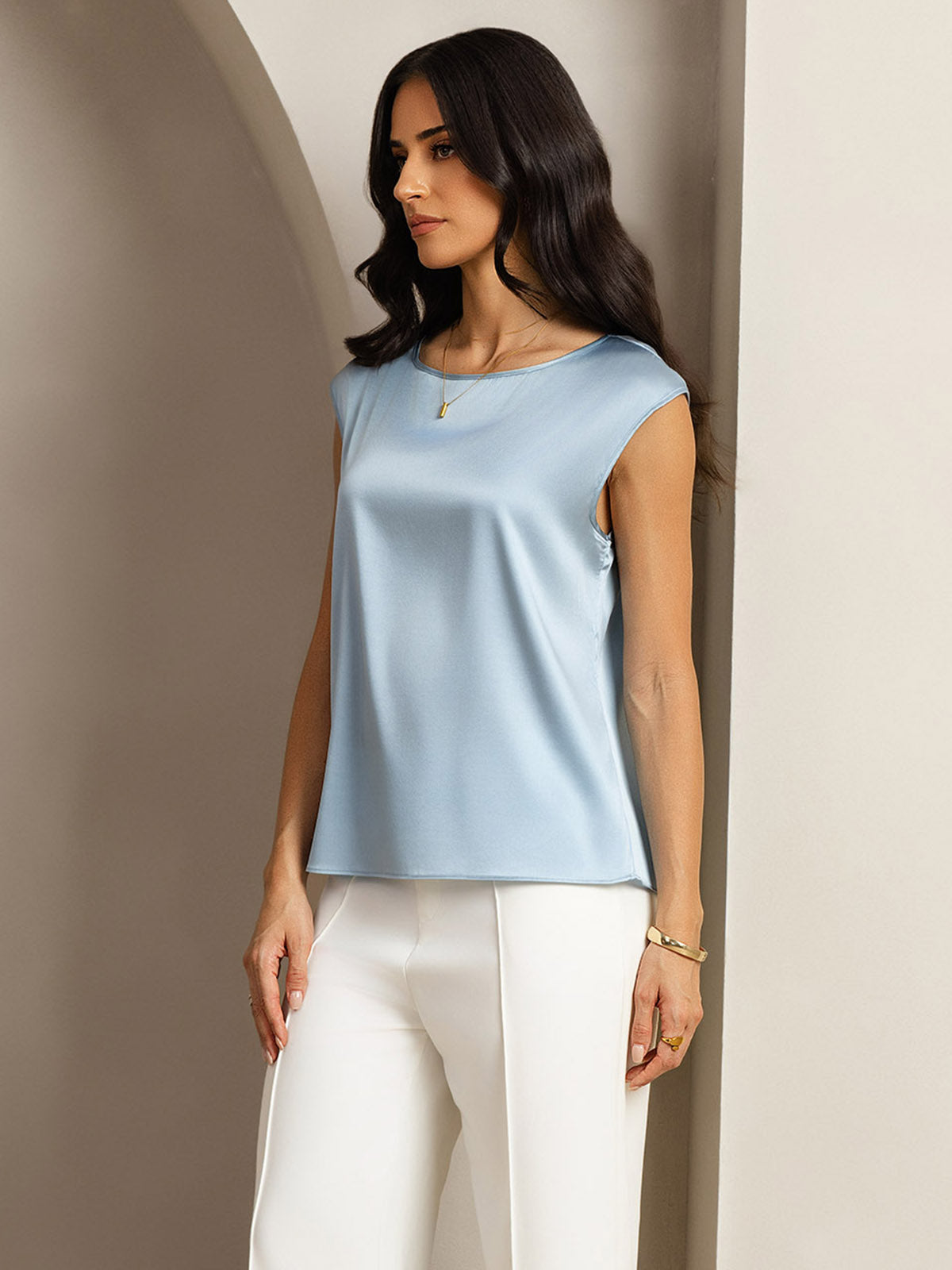 [Grijsachtig Blauw] SilkSilky-NL 19Momme Zijde Ronde Hals Dames T-Shirt 005