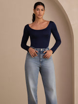 [Donkerblauw] SilkSilky-NL Long Sleeve U-hals Dames T-Shirt 004