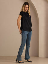 [Zwart] SilkSilky-NL Short Sleeve Split Blouse 005