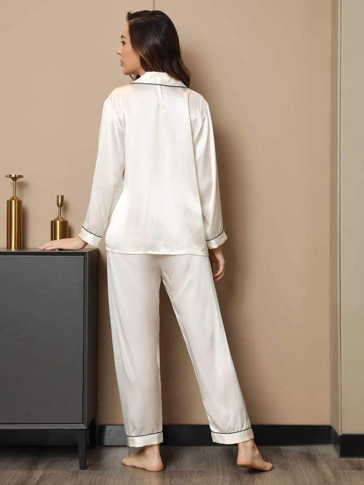 [Wit] SilkSilky-NL Pure Silk Lange Mouw Revers Dames Pyjama Set 002