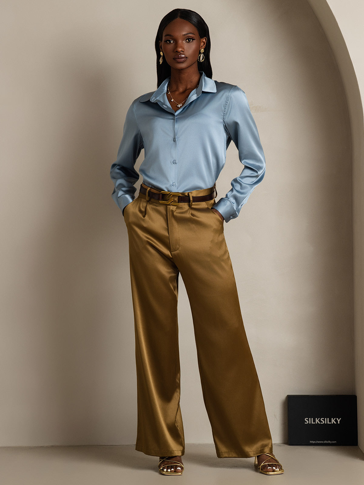 [Grijsachtig Blauw] SilkSilky-NL Zijde Lange Mouw Kraag Dames Blouse 005