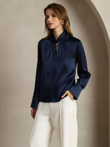 [Donkerblauw] SilkSilky-NL Long Sleeve Keyhole Neck Blouse 003