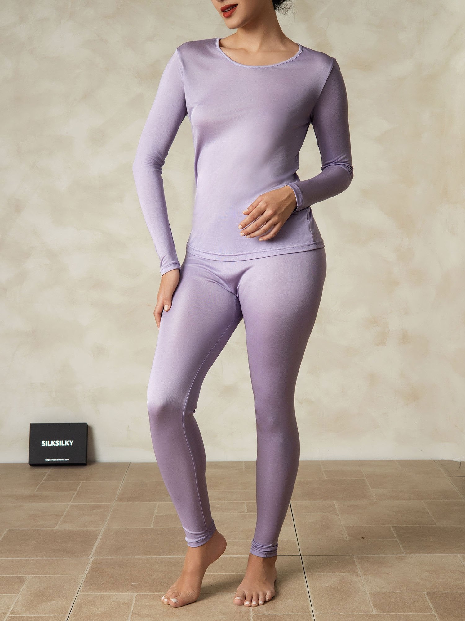[Paars] SilkSilky-NL Zijde Ronde Hals Dames Pyjama Set 004
