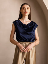 [Donkerblauw] SilkSilky-NL Cap Sleeve Cowl Neck Dames T-Shirt 003