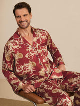 [Wijnrode Draak] SilkSilky-NL Long Sleeve Notch Collar Heren Pyjama Set 007