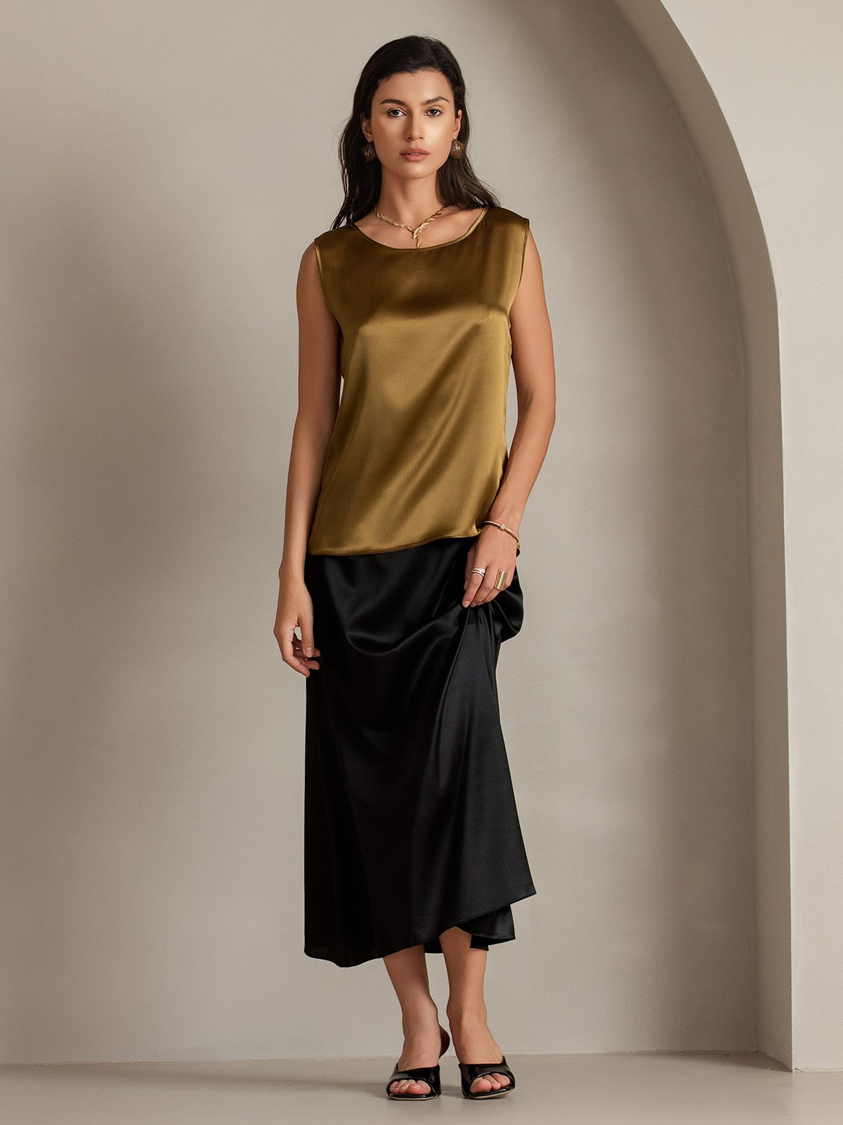 [Bruin] SilkSilky-NL 19Momme Zijde Ronde Hals Cami-Top 001