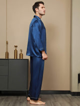 [Donkerblauw] SilkSilky-NL Pure Silk Lange Mouw Revers Heren Pyjama Set 003
