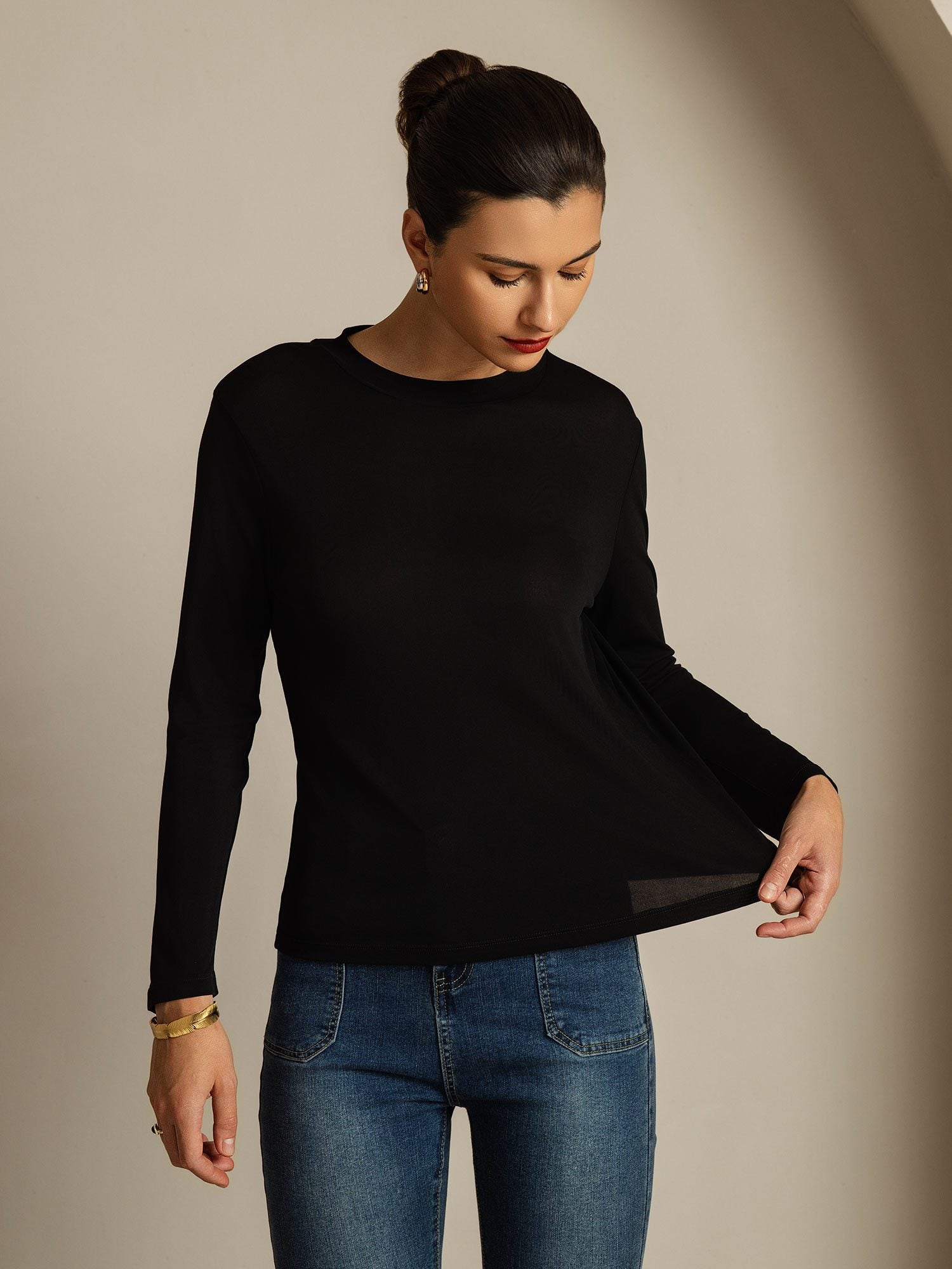 [Zwart] SilkSilky-NL Zijde Ronde Hals Dames T-Shirt 003