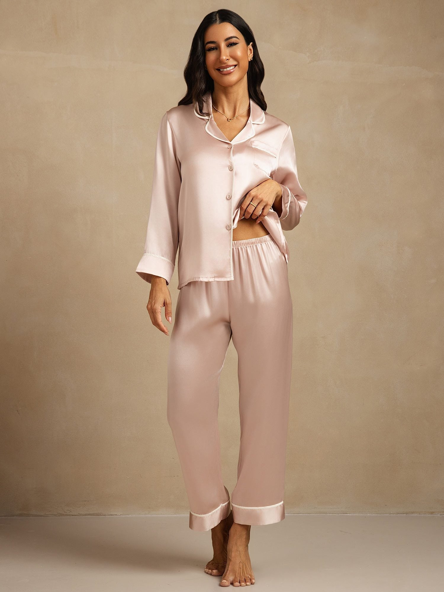 [Roze] SilkSilky-NL Lange Mouw Notchkraag Dames Pyjama Set 001