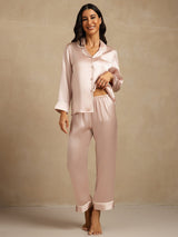 [Roze] SilkSilky-NL Lange Mouw Notchkraag Dames Pyjama Set 001