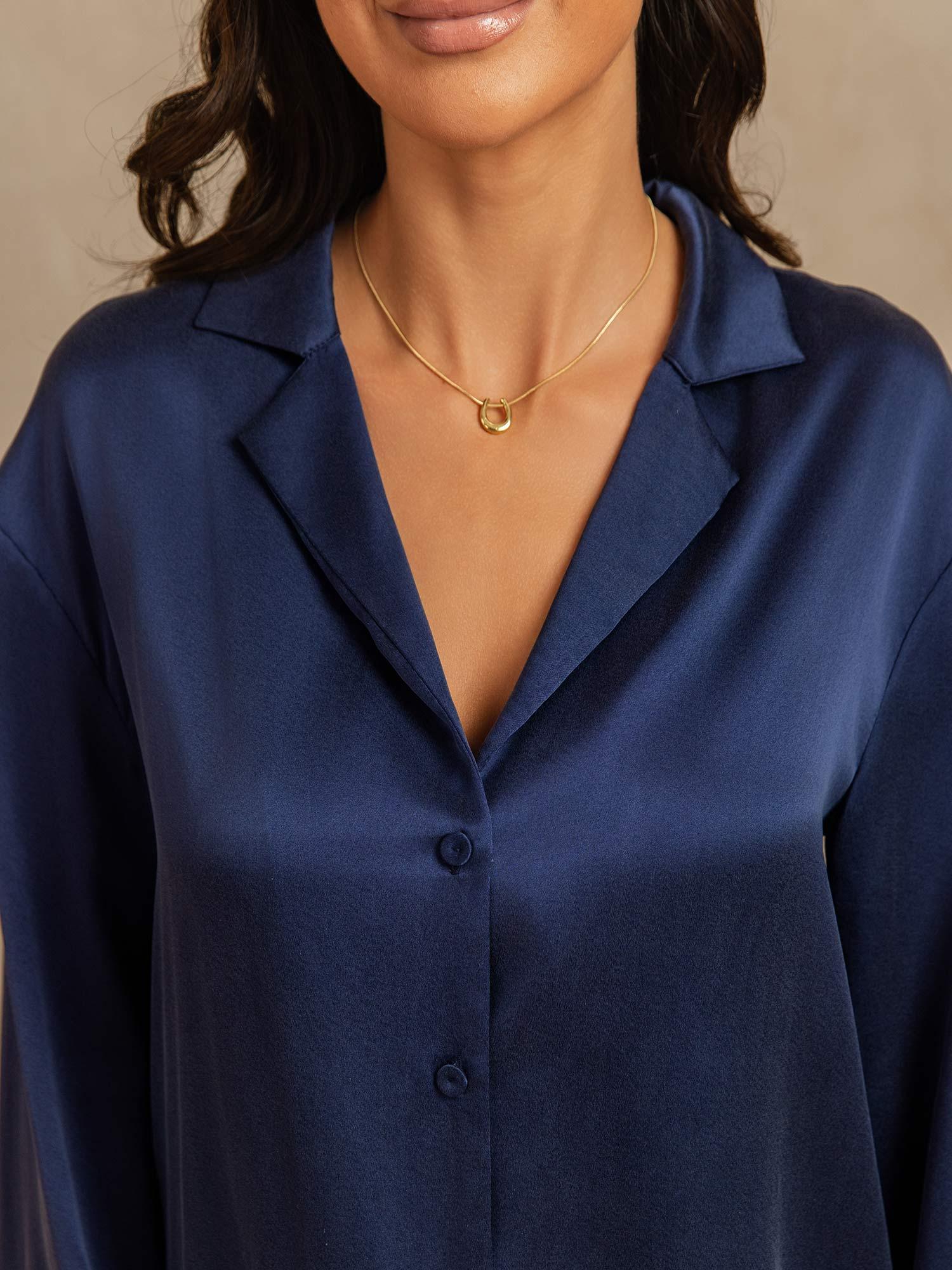 [Donkerblauw] SilkSilky-NL 19Momme Zijde Inkeping Dames Pyjama Set 004