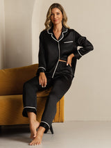 [Zwart] SilkSilky-NL Lange Mouw Notchkraag Dames Pyjama Set 008