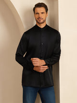 [Zwart] SilkSilky-NL Long Sleeve Stand Collar Heren Shirt 006