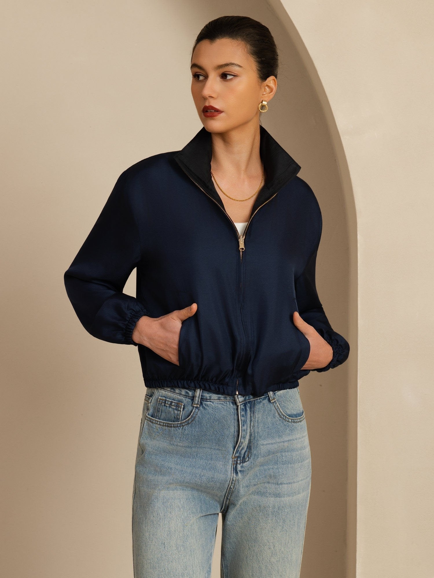 [Zwart+Donkerblauw] SilkSilky-NL 18Momme Lange Mouw Staande Kraag Dames Bovenkleding 001