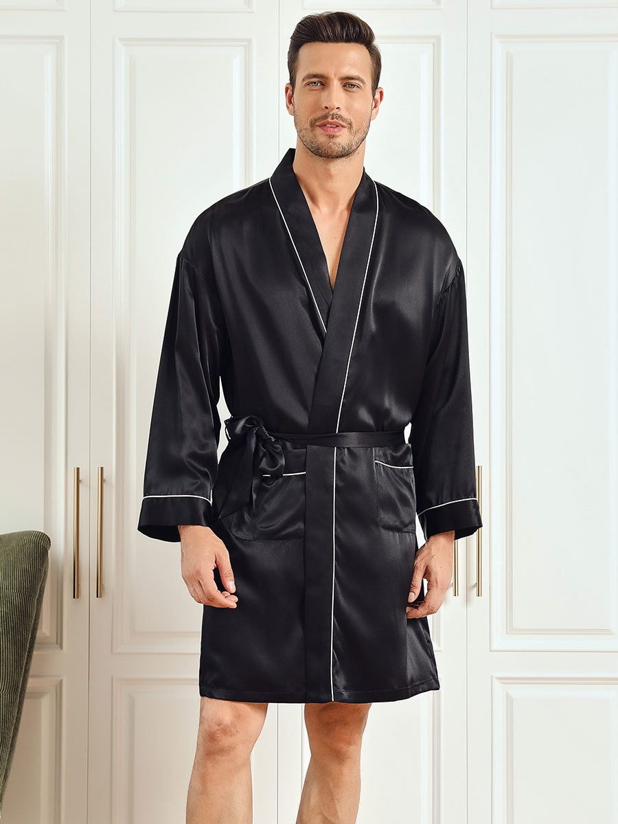 SilkSilky NL Pure Silk 3/4 Mouw Mens Robe Zwart 001