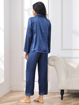 [Donkerblauw] SilkSilky-NL Long Sleeve Lapel Collar Dames Pyjama Set 002