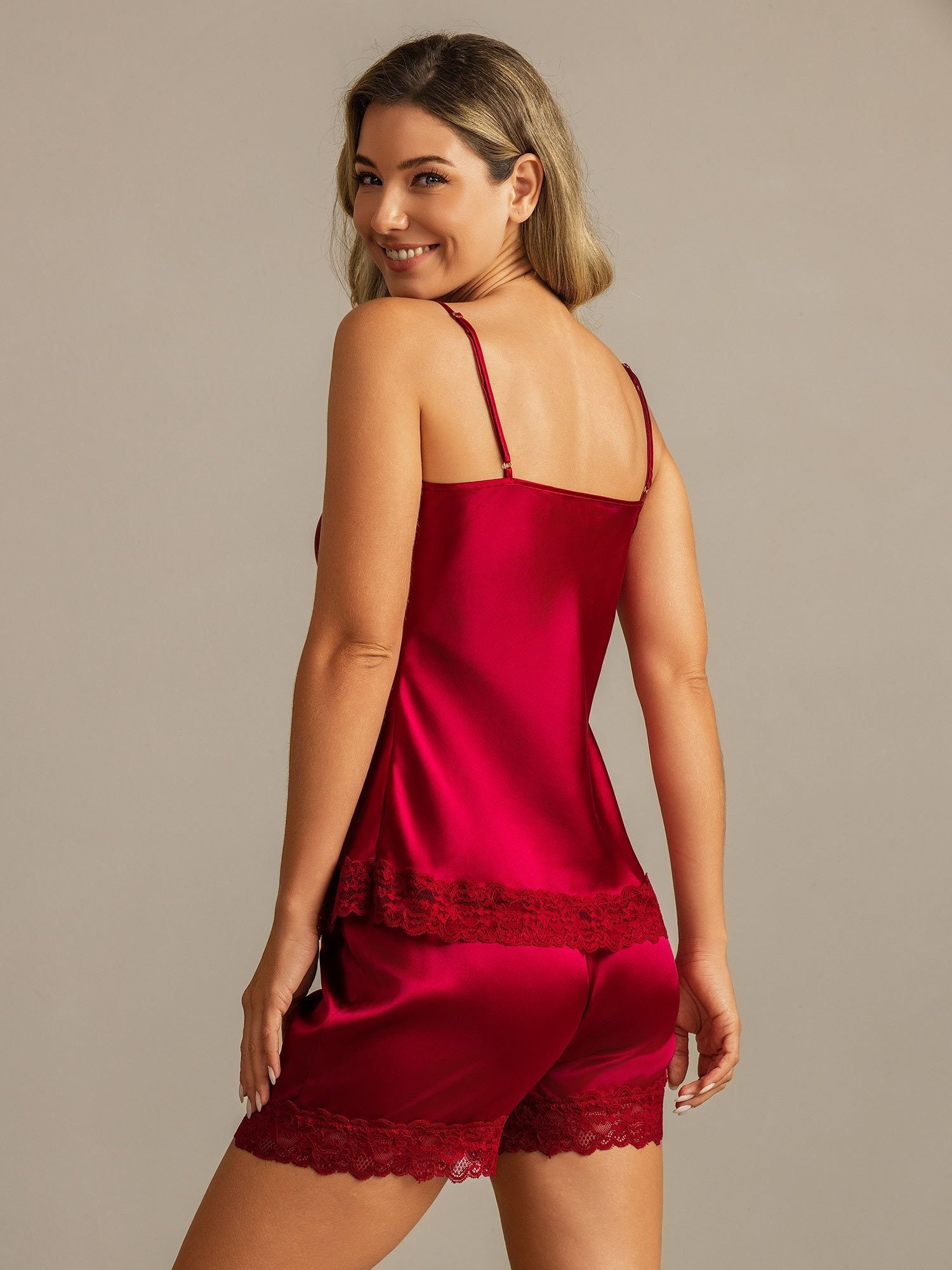 [Wijn] SilkSilky-NL Spaghetti Strap V Neck Cami-Set 002