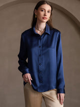 [Donkerblauw] SilkSilky-NL 19Momme Lange Mouw Reverskraag Dames Blouse 004
