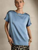 [Grijsachtig Blauw] SilkSilky-NL 19Momme Korte Mouw Boat Hals Dames T-Shirt 005
