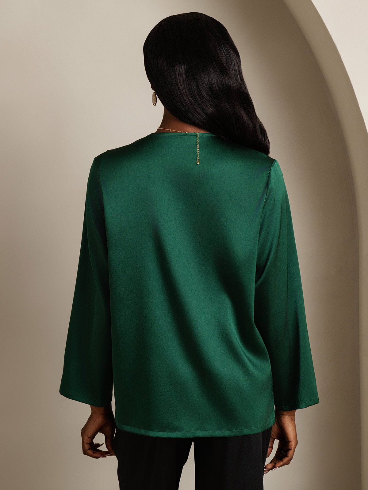 [Donkergroen] SilkSilky-NL 19Momme Zijde V-Hals Dames Blouse 002