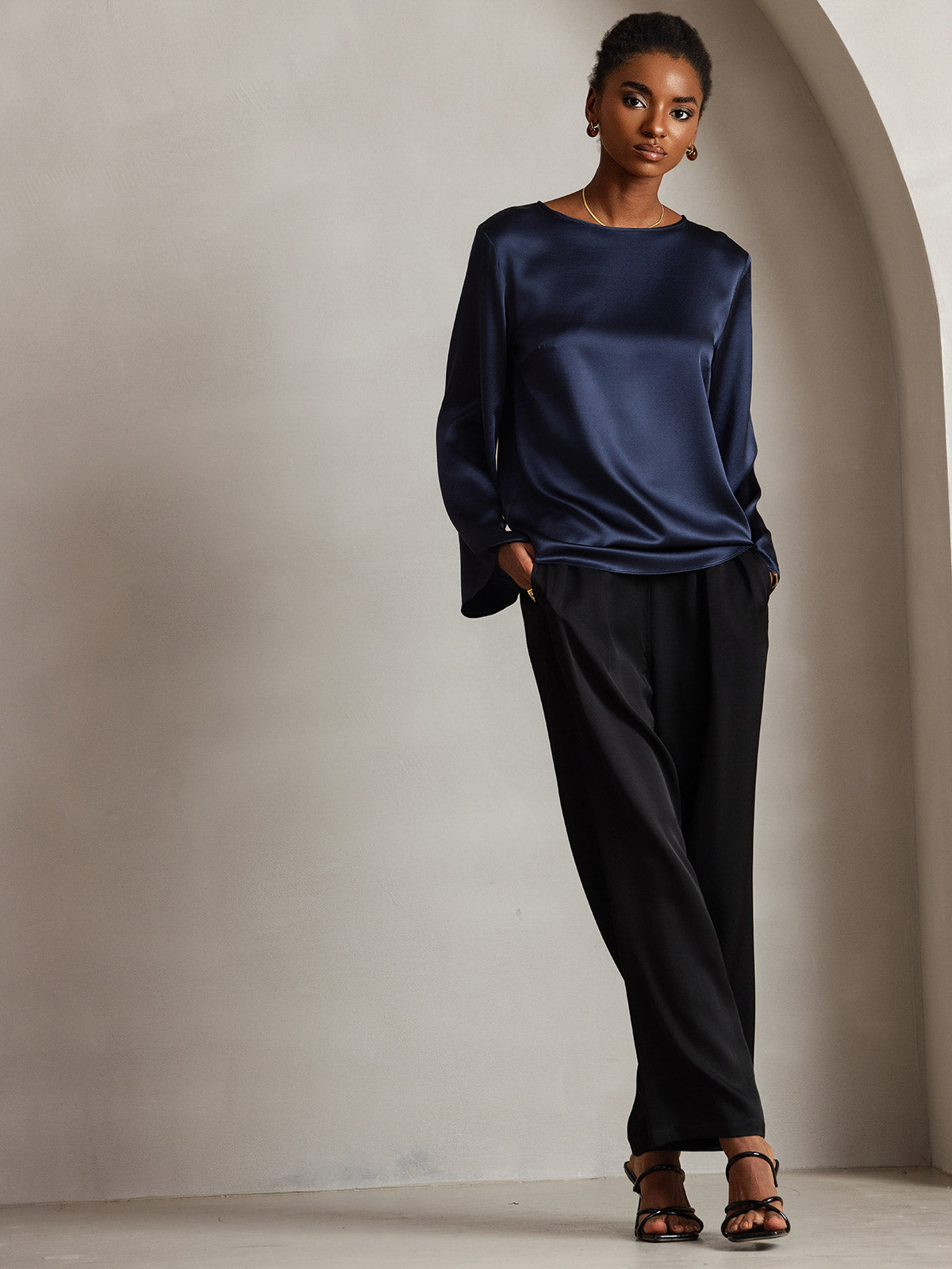 [Donkerblauw] SilkSilky-NL 19Momme Zijde Ronde Hals Dames T-Shirt 006,