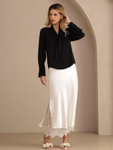 [Zwart] SilkSilky-NL Long Sleeve Tie Neck Blouse 007
