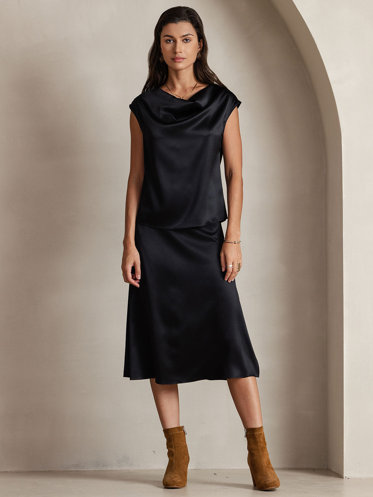 [Zwart] SilkSilky-NL 19Momme Zijde Womens T-Shirt 001