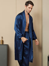 [Donkerblauw] SilkSilky-NL Pure Silk Lange Mouw Revers Heren Kamerjas 003