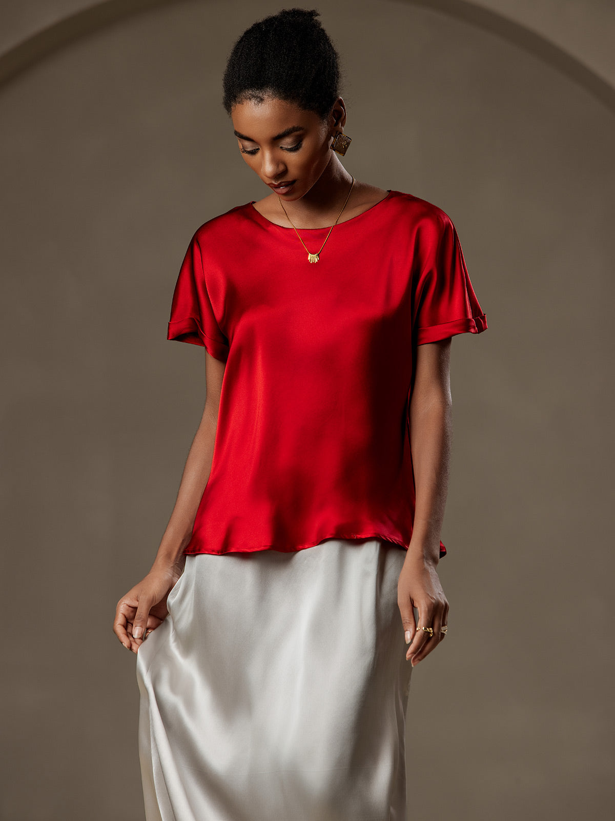 [Wijn] SilkSilky-NL 19Momme Zijde Ronde Hals Dames T-Shirt 004
