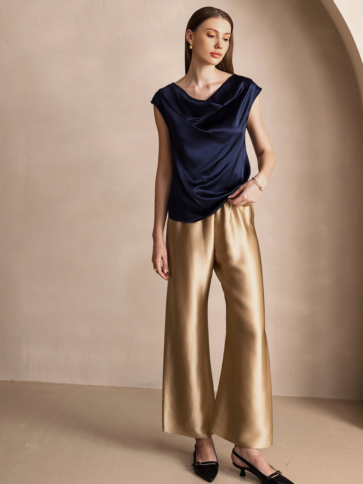 [Donkerblauw] SilkSilky-NL 19Momme Zijde Mouwloos Womens T-Shirt 007