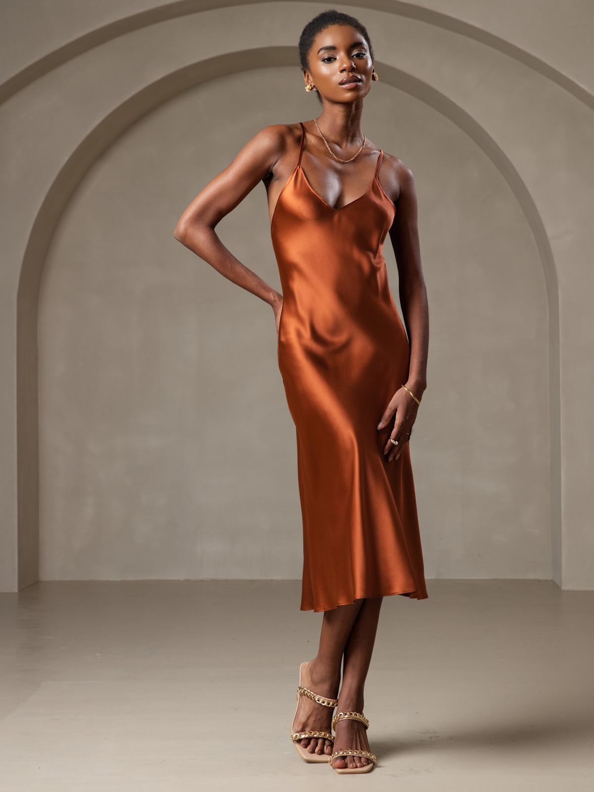 [Karamel] SilkSilky-NL Pure Silk Mouwloos V-Hals Jurk 003
