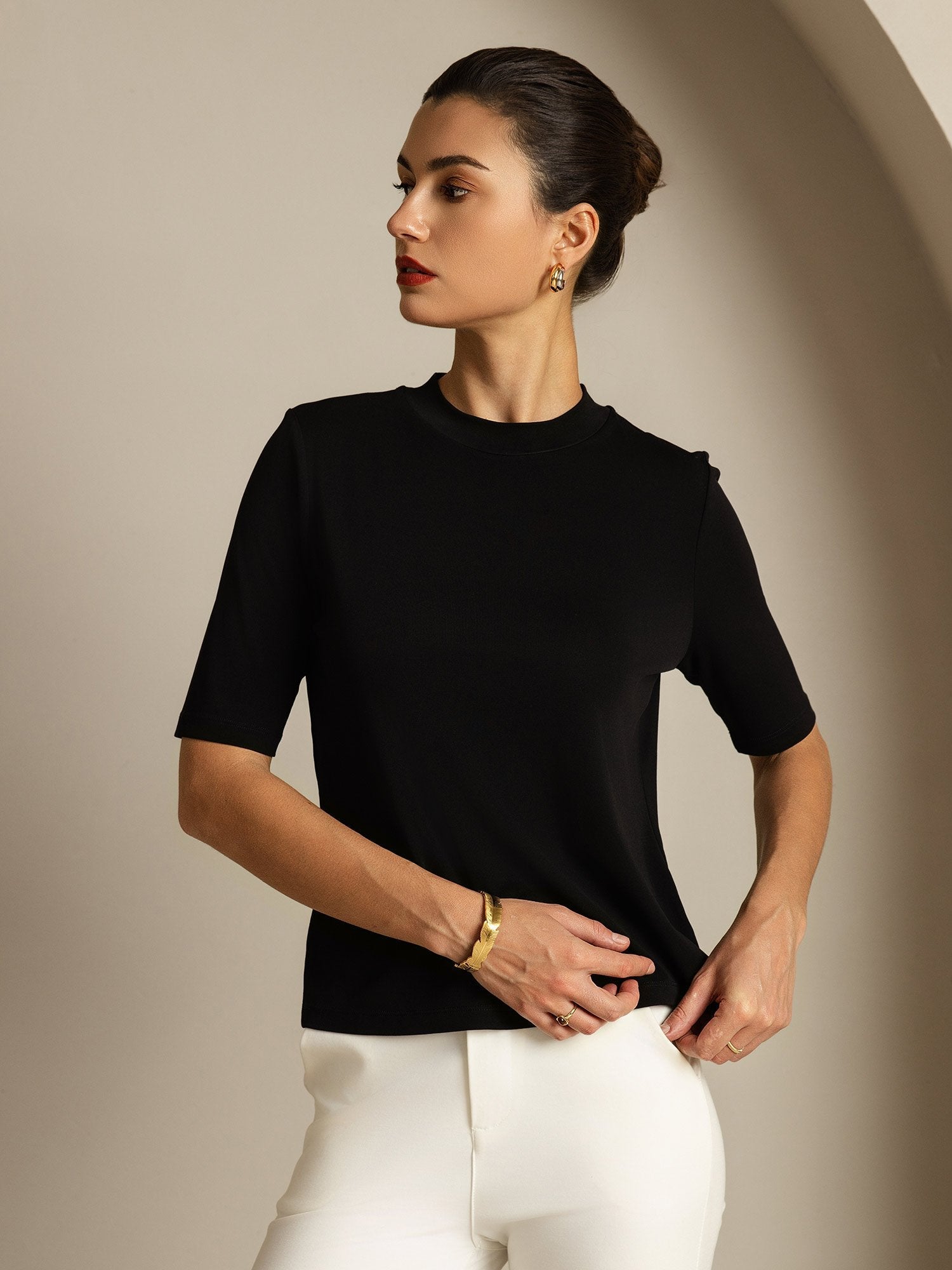 [Zwart] SilkSilky-NL Zijde Ronde Hals Dames T-Shirt 005