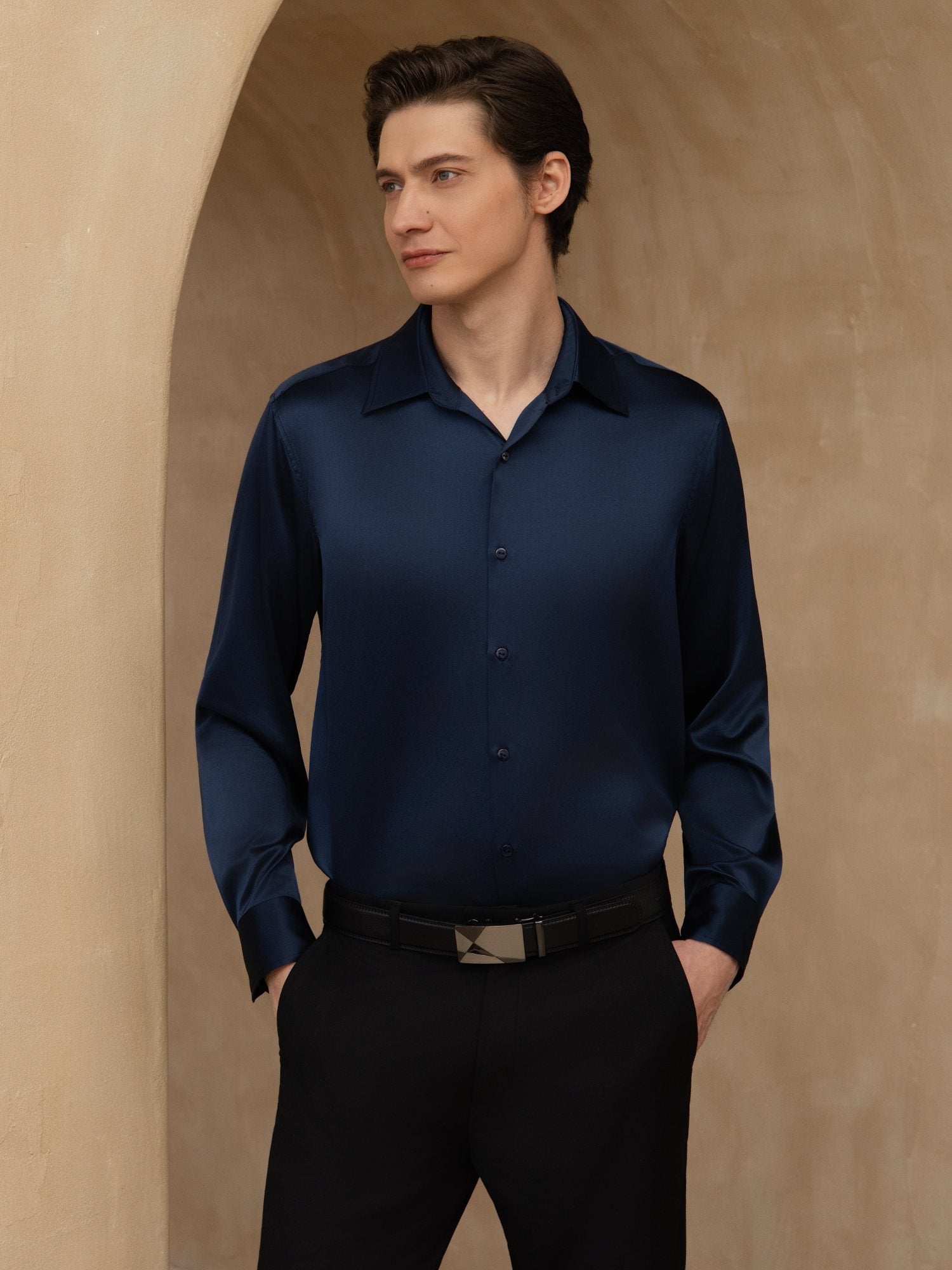 [Donkerblauw] SilkSilky-NL 19Momme Lange Mouw Reverskraag Heren Shirt 001